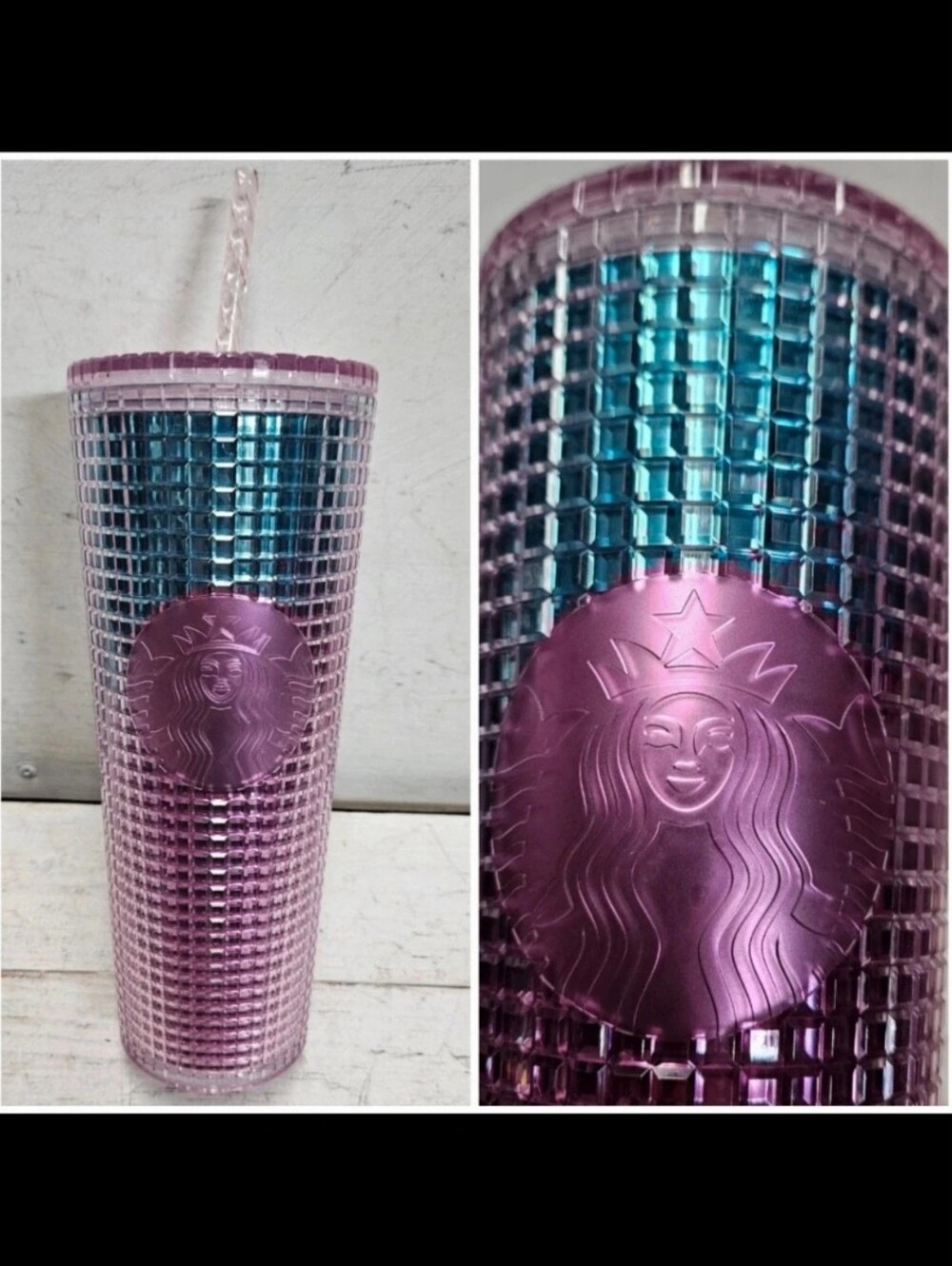 Starbucks Iridescent Pink and Blue Grid Disco Cold Cup Tumbler 24oz summer 2021